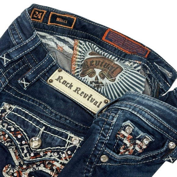 New Rock Revival Bling Jean Size 24 Mid Rise Skinny Stretch Nicci Dark Wash Read - Picture 13 of 14